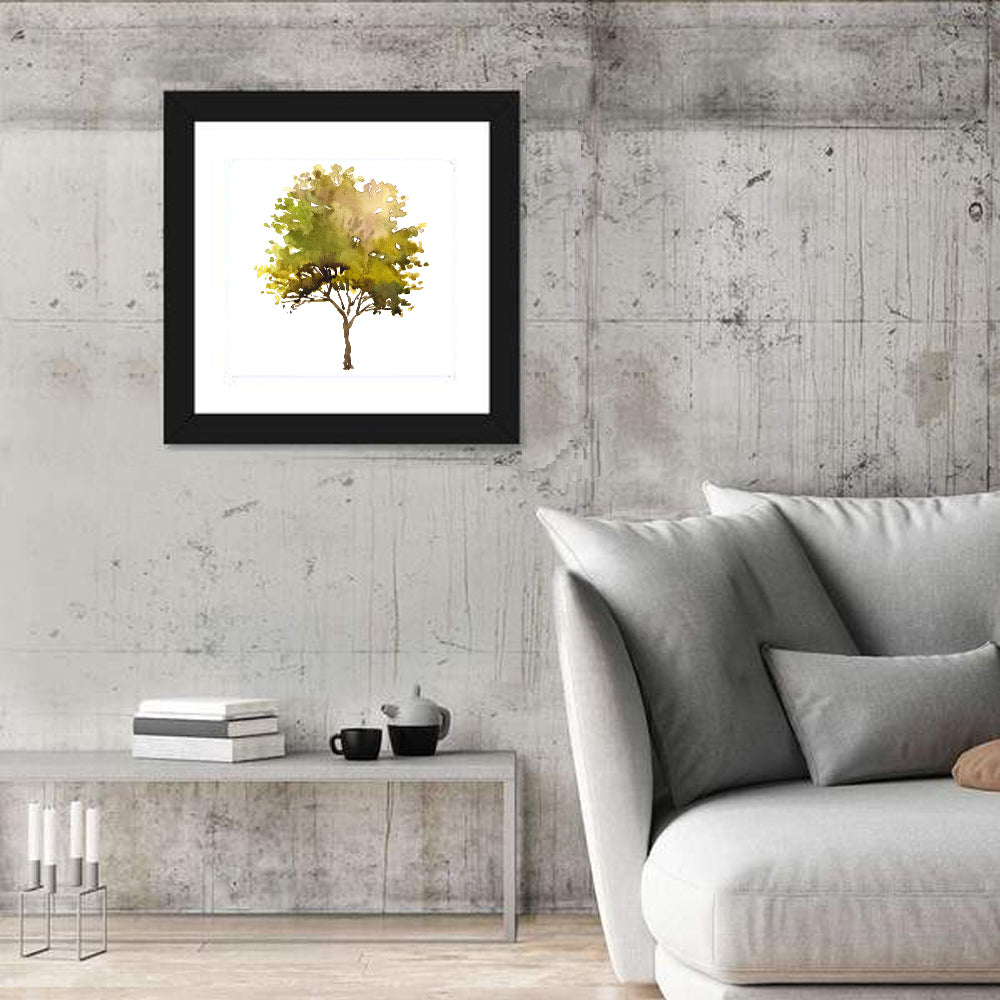 Olive Green Watercolor Tree Wall Art in a room, square