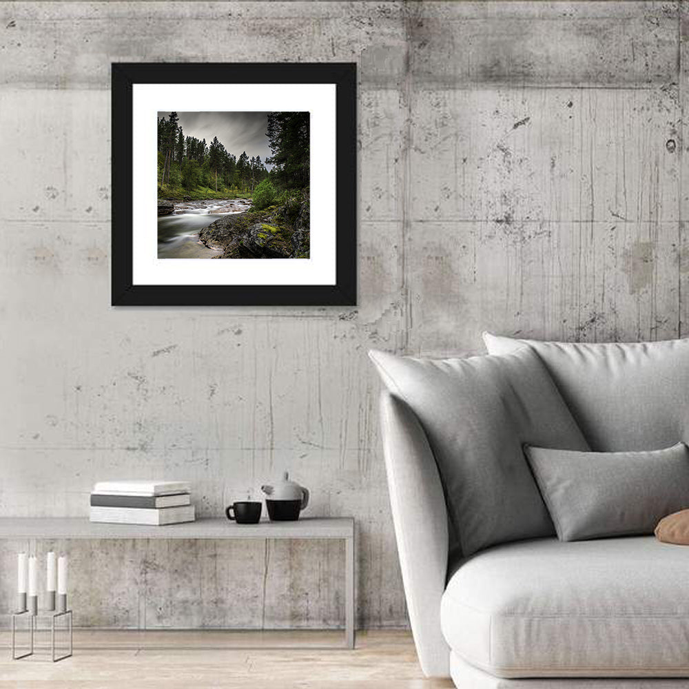 Mossy Forest Stream Wall Art in a room, square