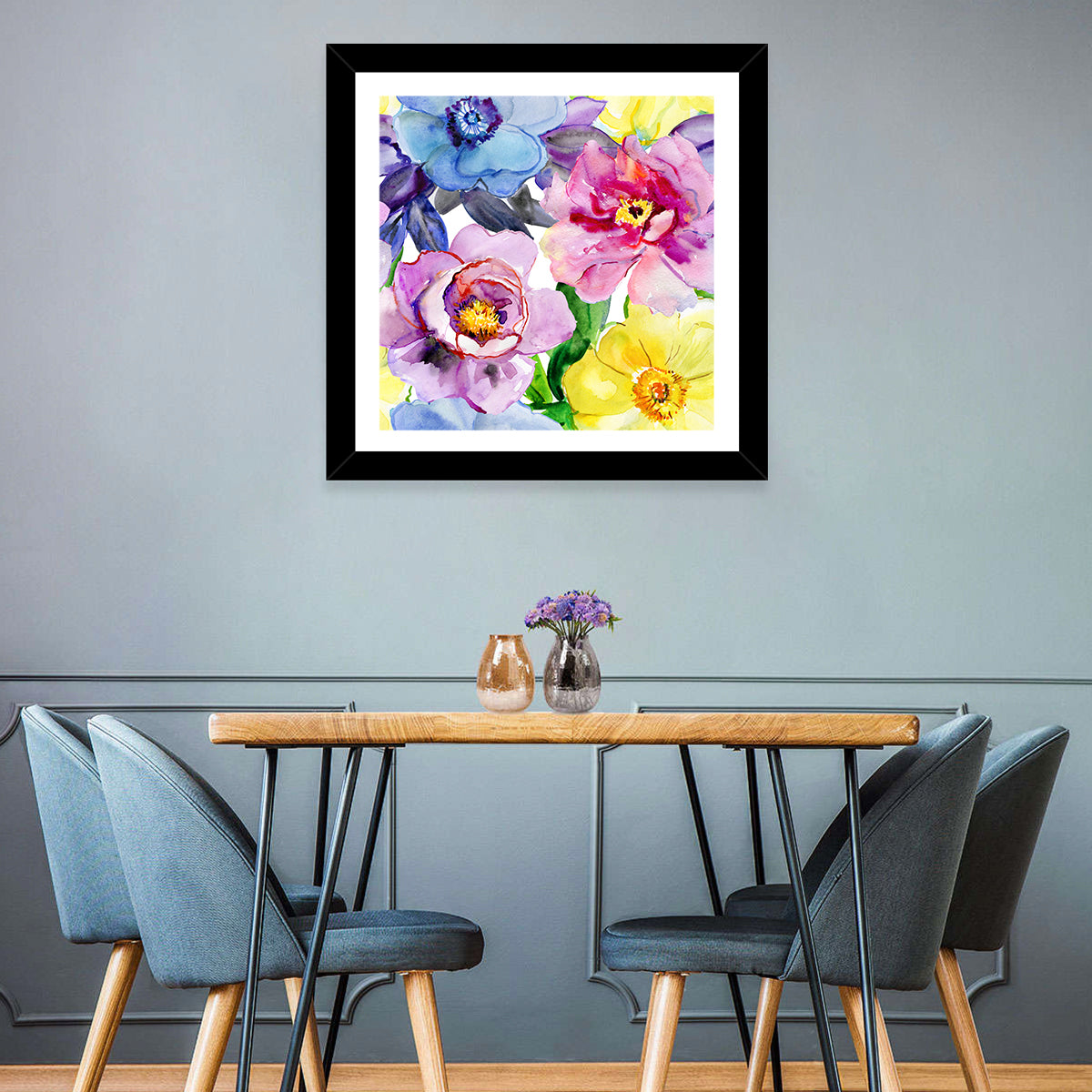 Vibrant Watercolor Floral Arrangement Wall Art in a room, square