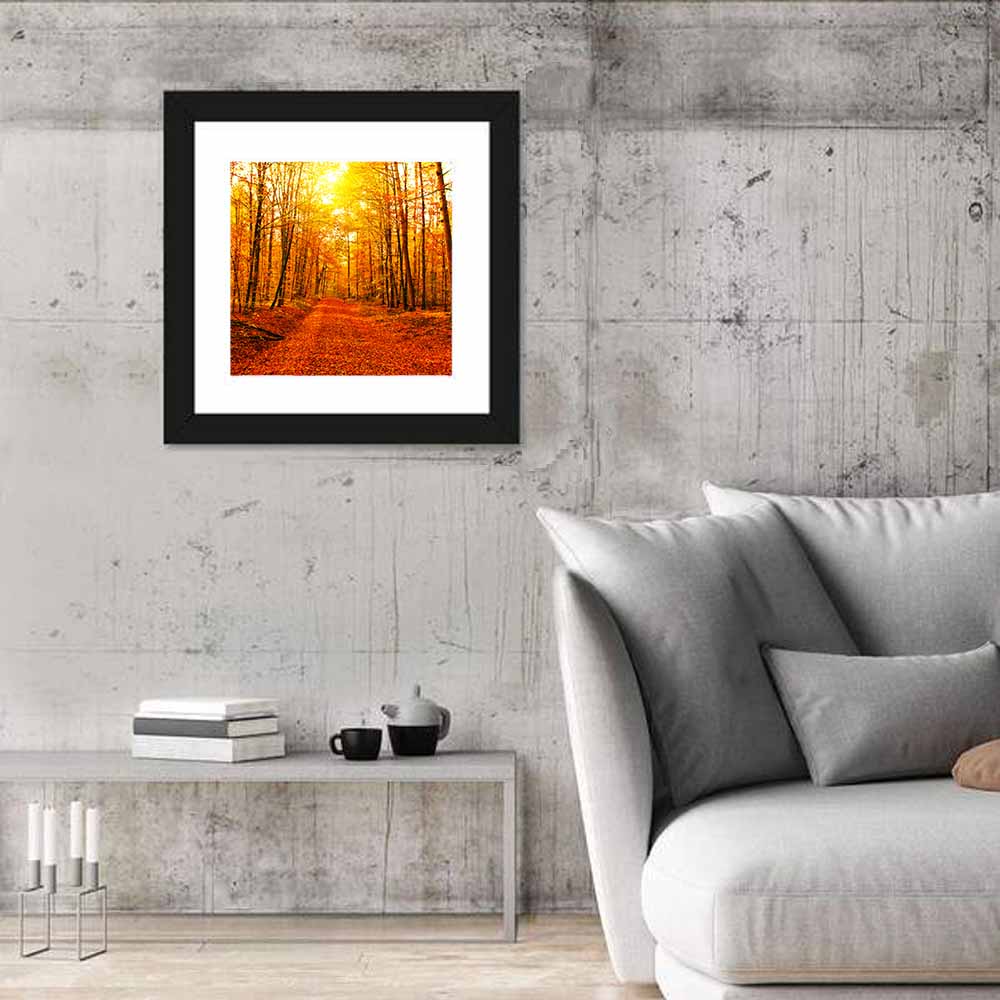Golden Autumn Forest Path Wall Art in a room, square