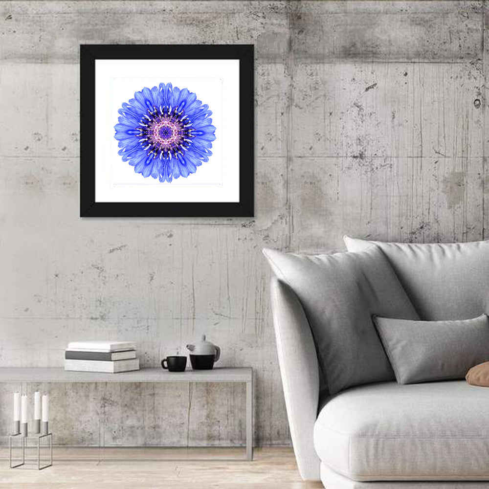 Blue Cornflower Mandala Pattern Wall Art in a room, square