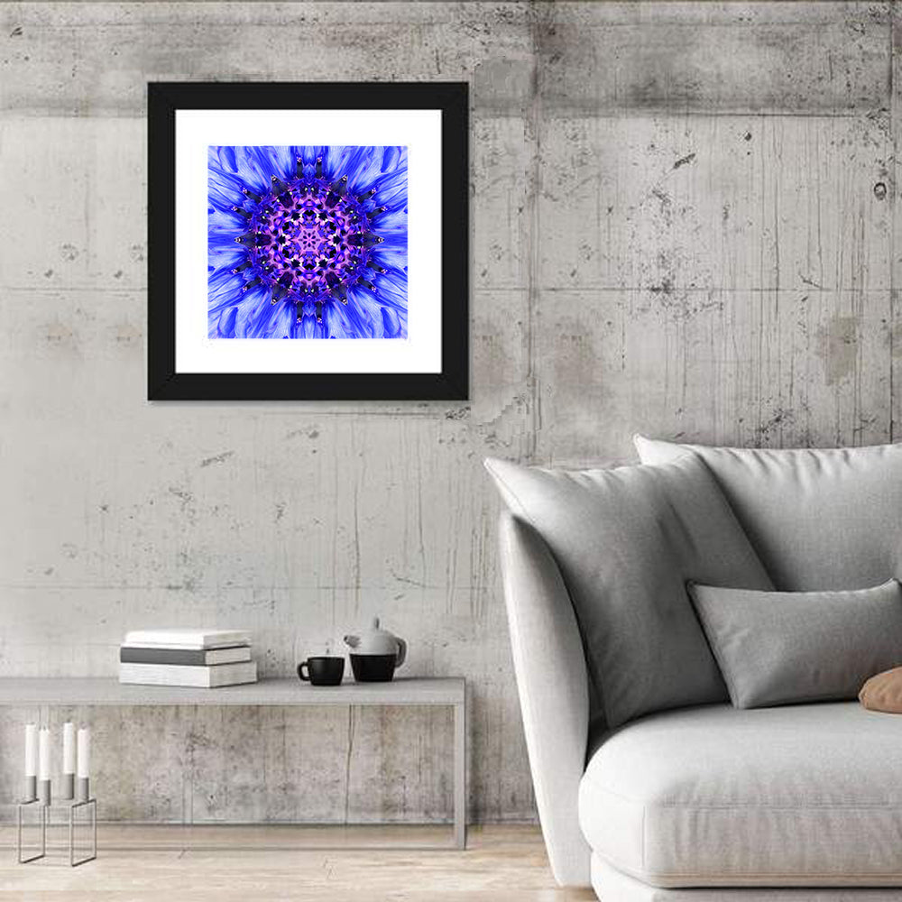 Kaleidoscopic Cornflower Mandala Wall Art in a room, square
