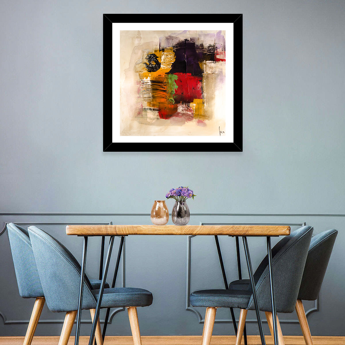 Bold Color Block Abstract with Black Circle Wall Art in a room, square