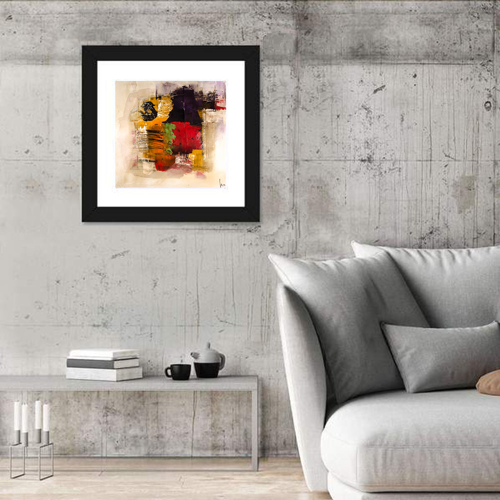 Bold Color Block Abstract with Black Circle Wall Art in a room, square