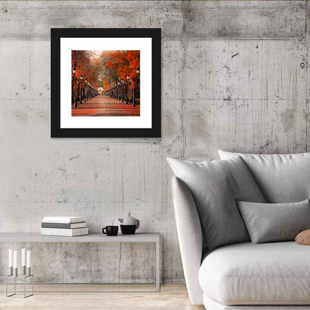 Autumn Park Path with Vintage Lampposts Wall Art