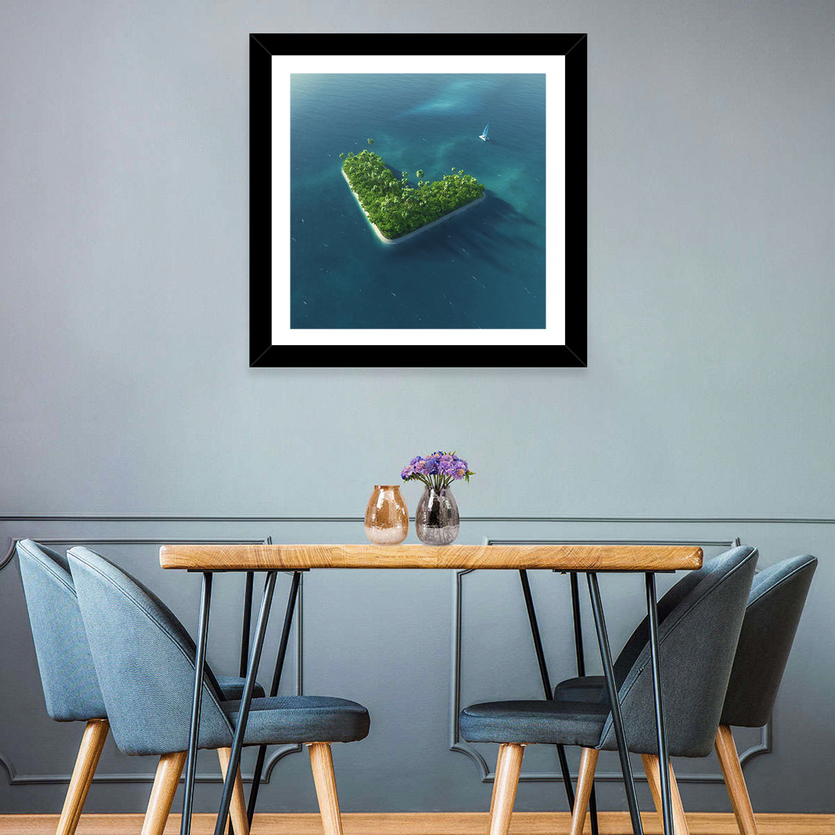 V-shaped Tropical Island with Distant Catamaran Wall Art in a room, square