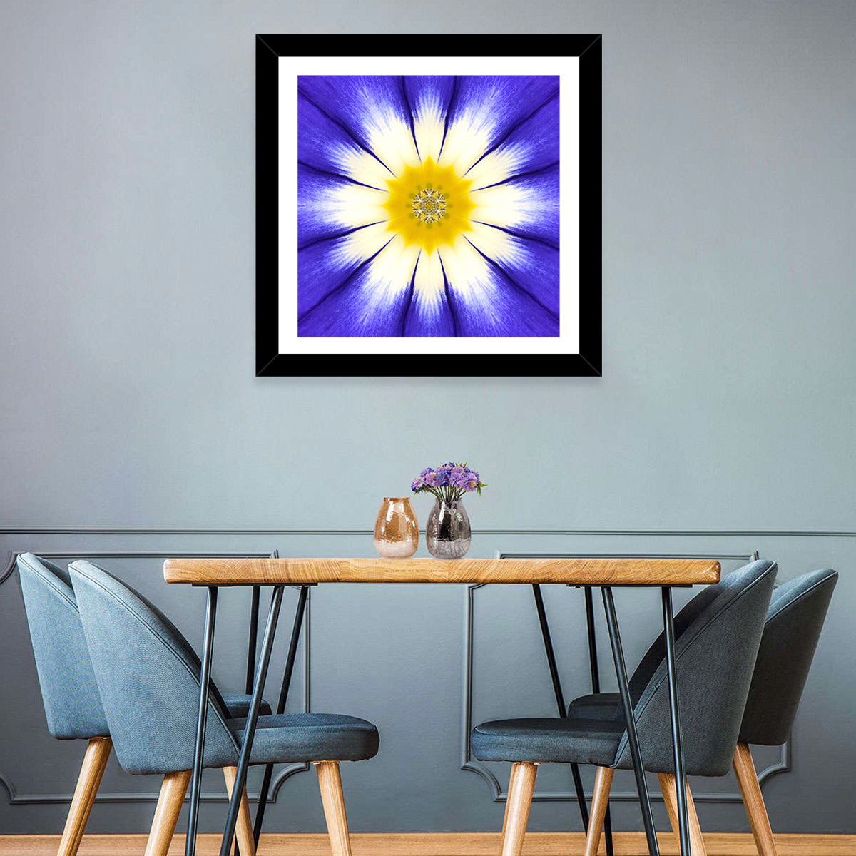 Blue Cornflower Mandala Bloom Wall Art in a room, square