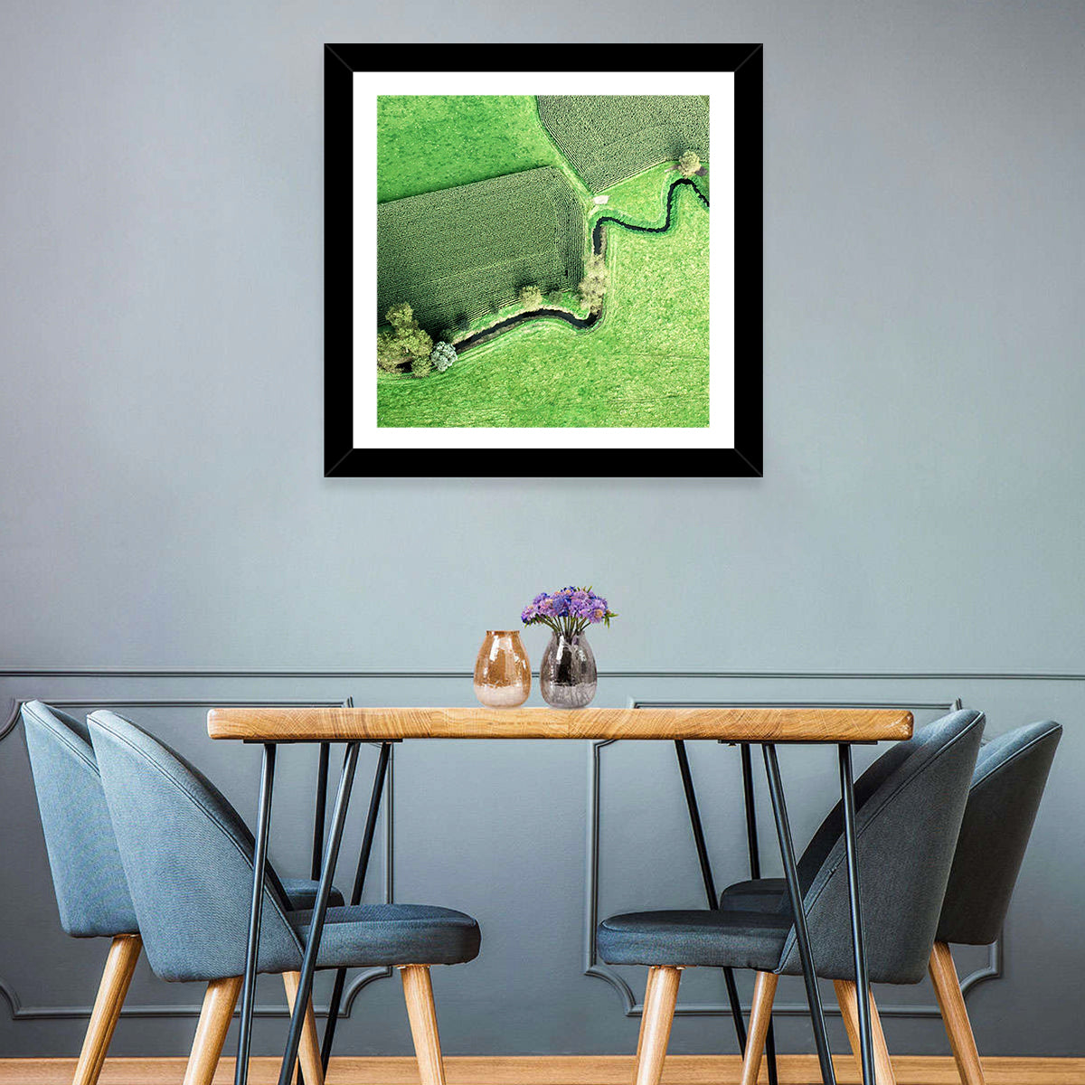 Meandering Stream Over Farmland Wall Art in a room, square