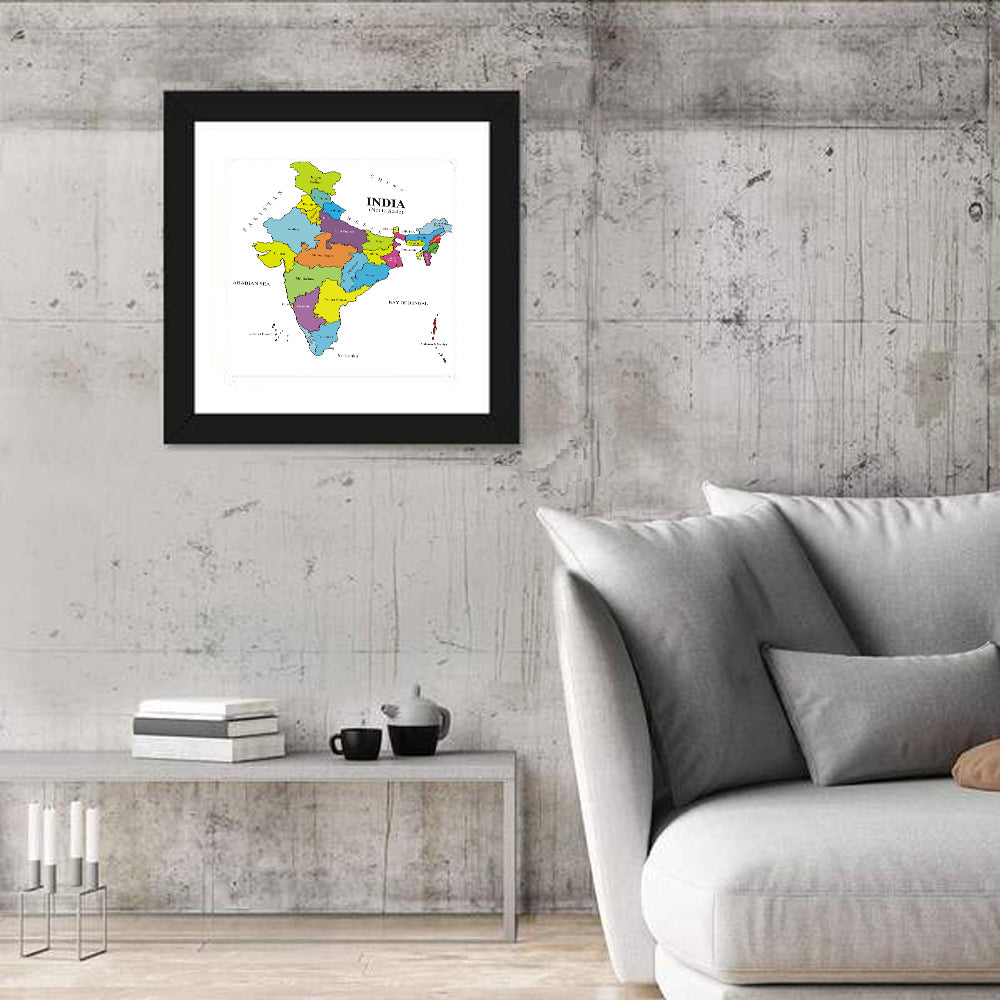 Colorful Political Map of India Wall Art in a room, square