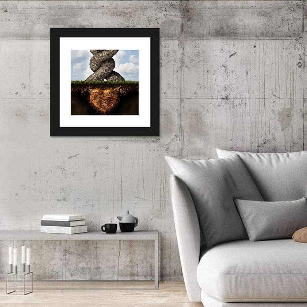 Intertwined Trees with Heart-shaped Roots Wall Art in a room, square