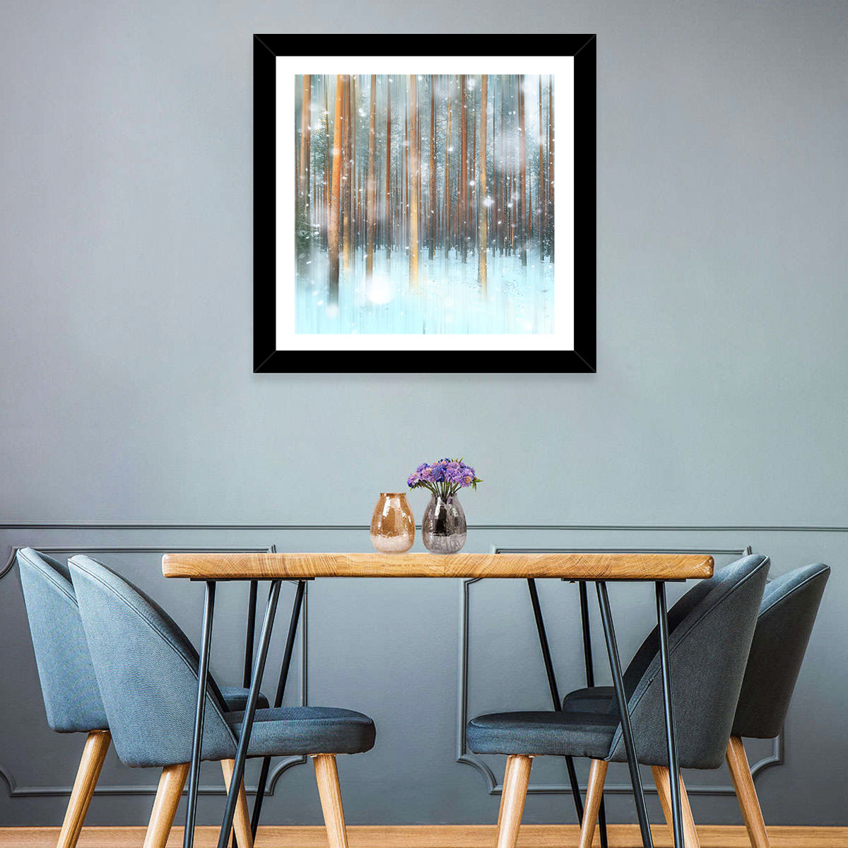 Ethereal Snowy Pine Forest Wall Art in a room, square
