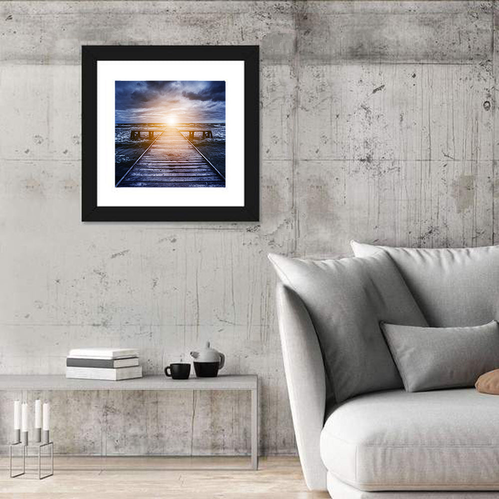 Sunlit Wooden Jetty at Dusk Wall Art
