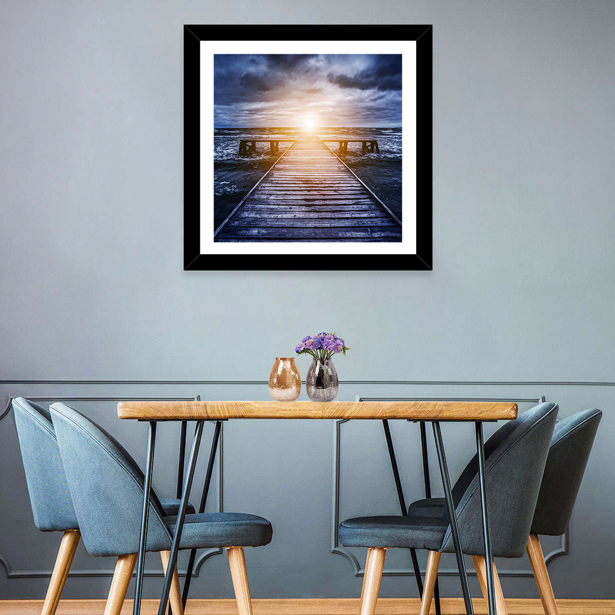Sunlit Wooden Jetty at Dusk Wall Art in a room, square