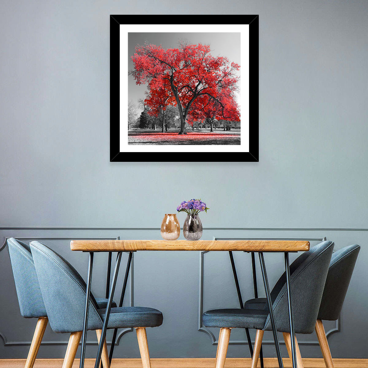 Winter Tree with Red Leaves Wall Art in a room, square