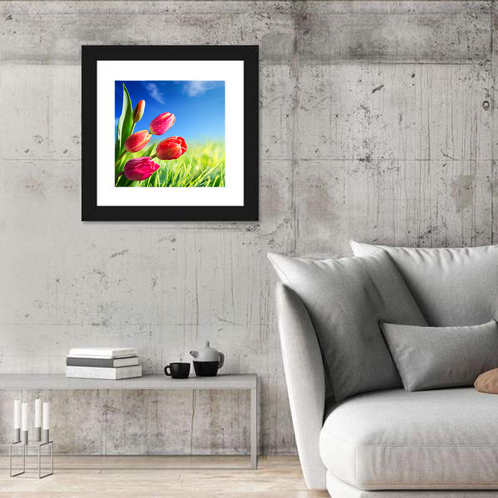 Dewy Red Tulips Under Blue Sky Wall Art