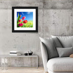 Dewy Red Tulips Under Blue Sky Wall Art