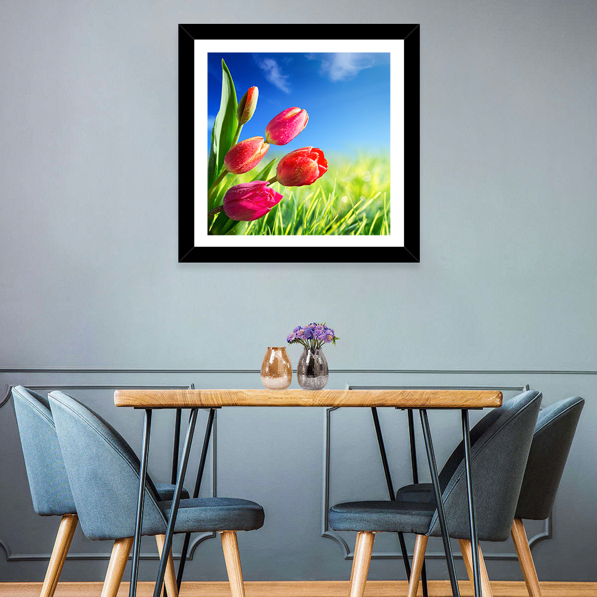 Dewy Red Tulips Under Blue Sky Wall Art in a room, square