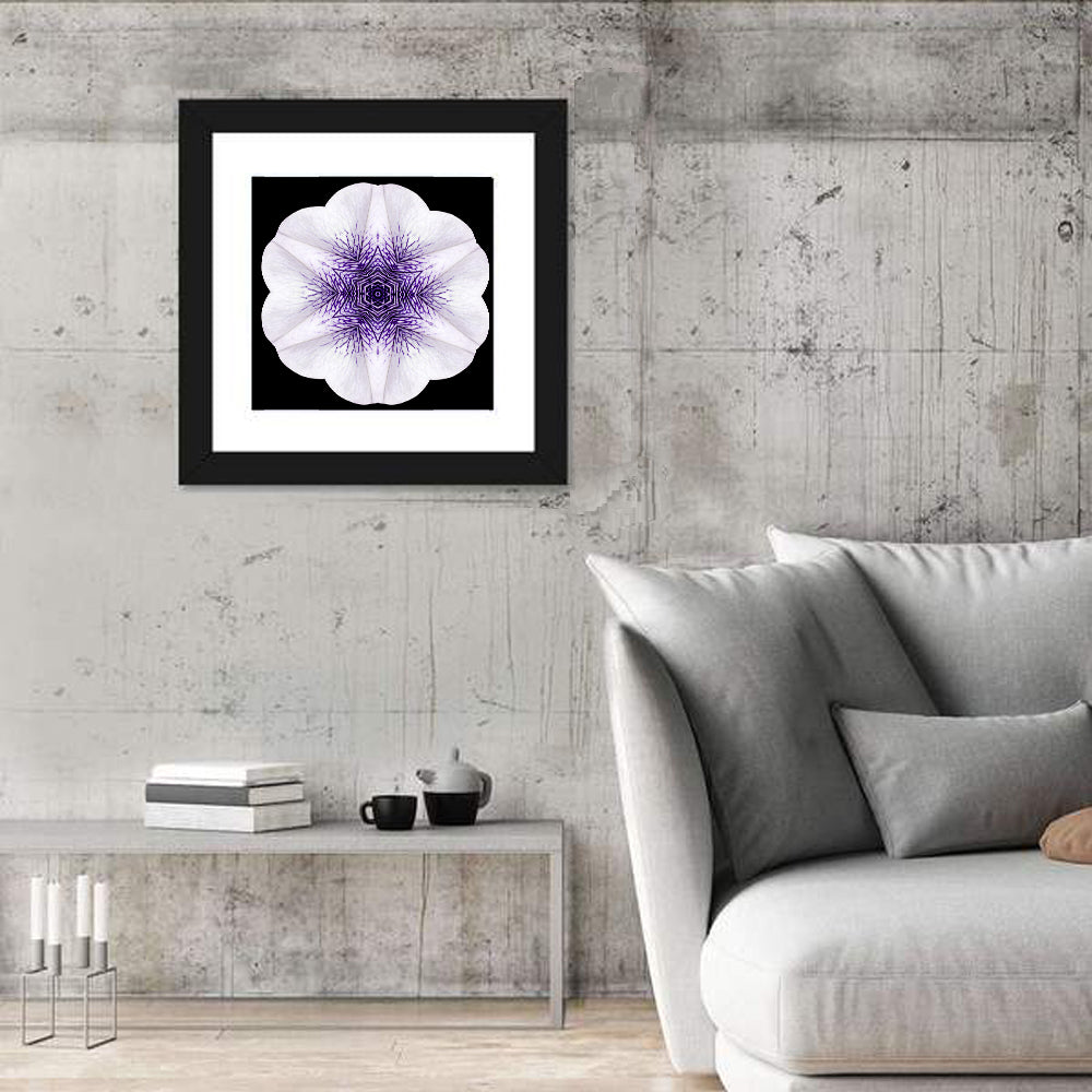 Purple Mandala Flower Kaleidoscope Wall Art in a room, square
