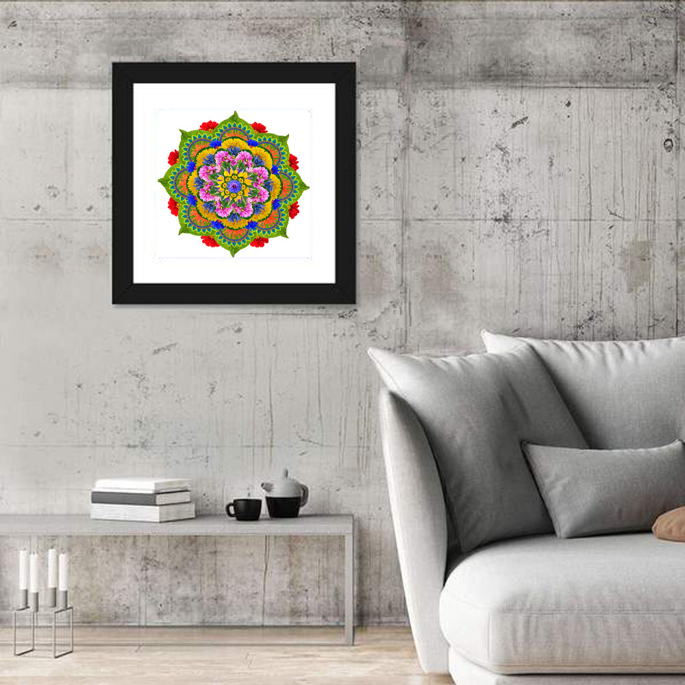 Vibrant Lotus Floral Mandala Wall Art in a room, square