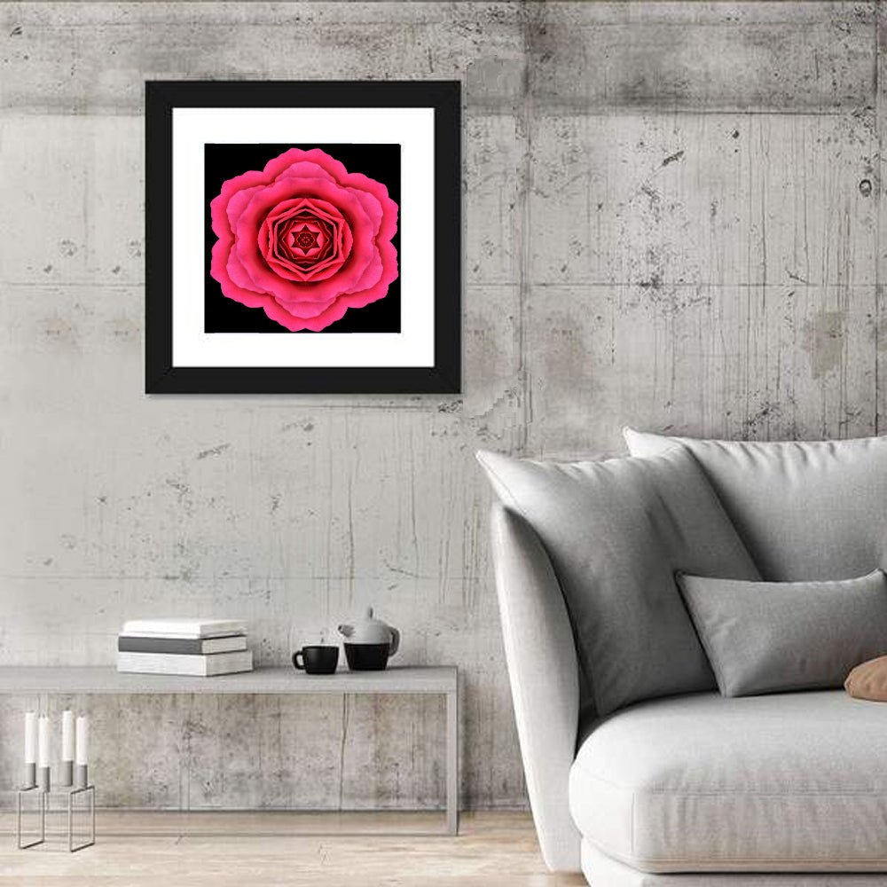 Magenta Rose Mandala Pattern Wall Art in a room, square