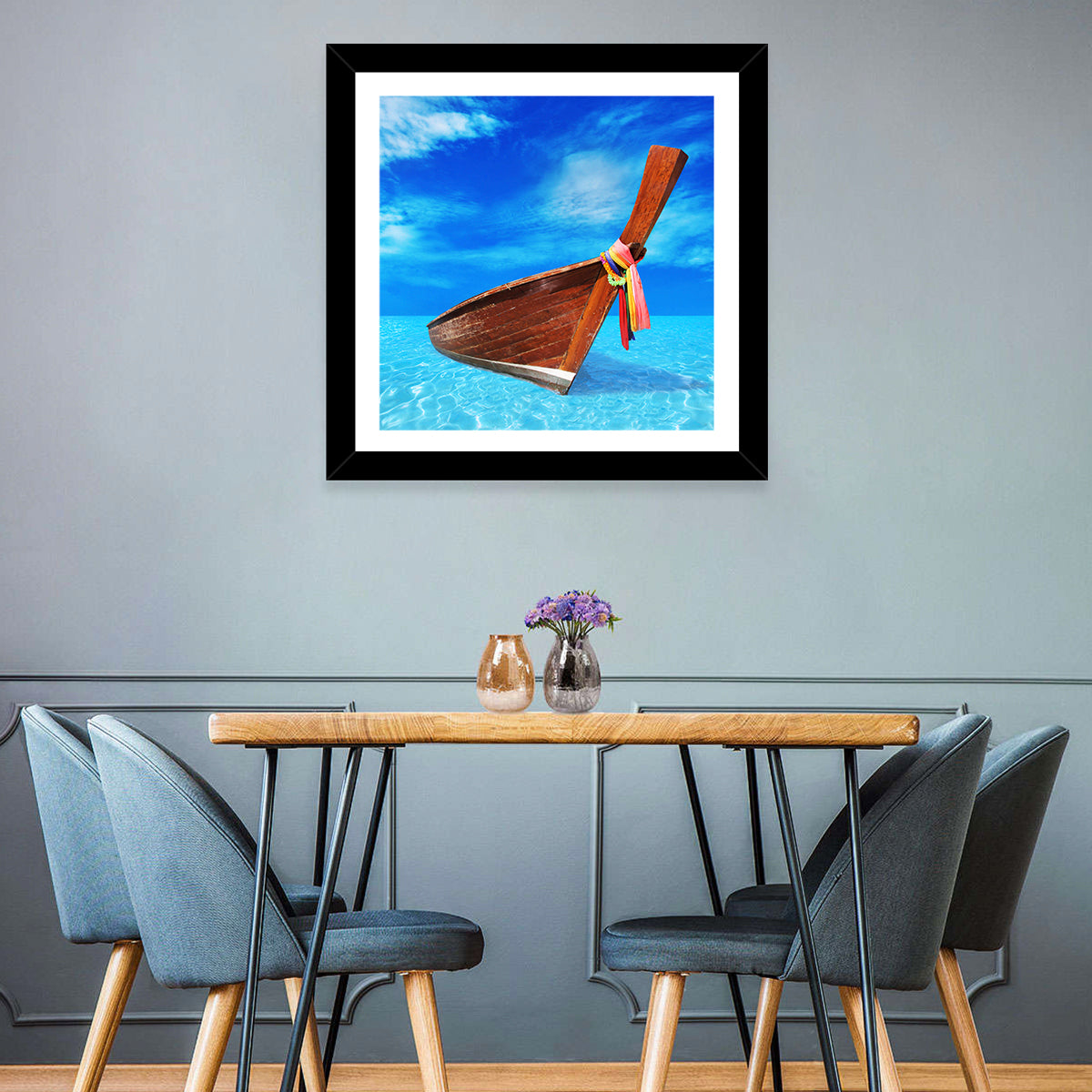 Long-tail Boat in Blue Sea Wall Art in a room, square