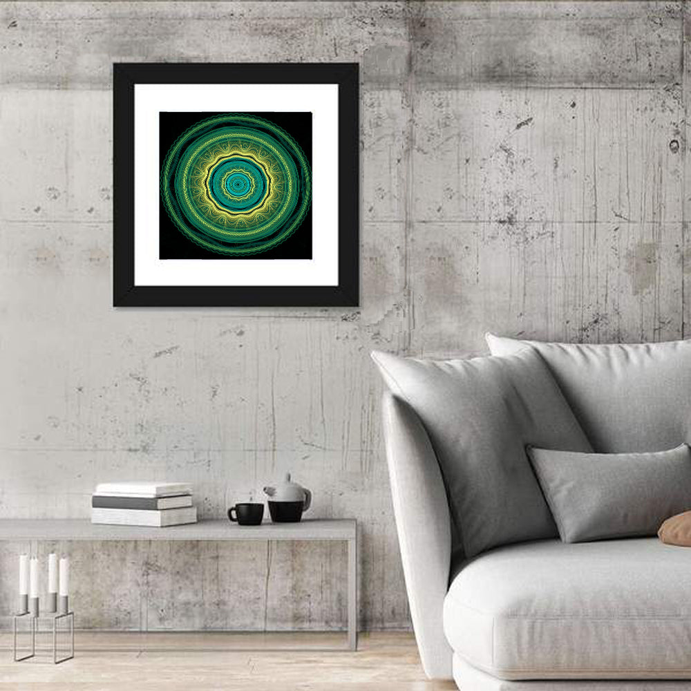 Hypnotic Teal Glow Mandala Wall Art in a room, square