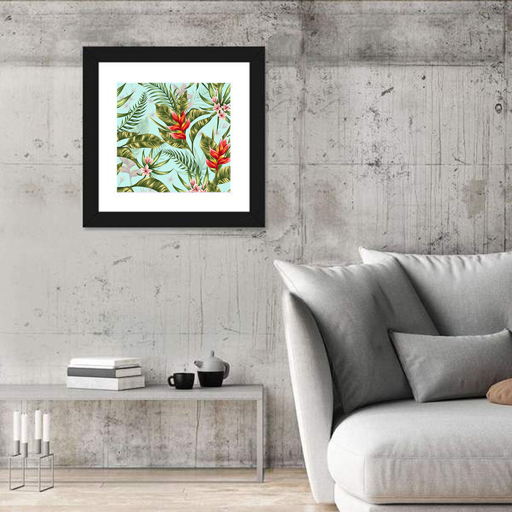 Tropical Floral Seamless Pattern Wall Art in a room, square