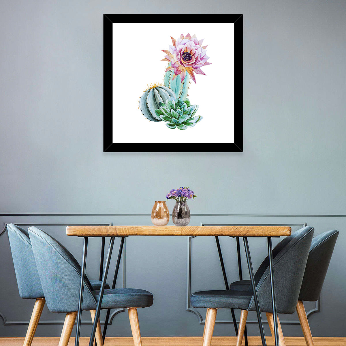 Blooming Cactus Watercolor Wall Art in a room, square