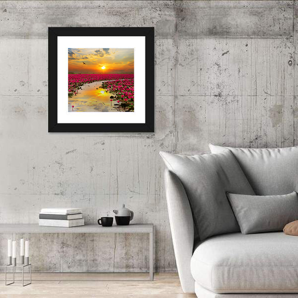 Golden Hour Lotus Field Wall Art in a room, square