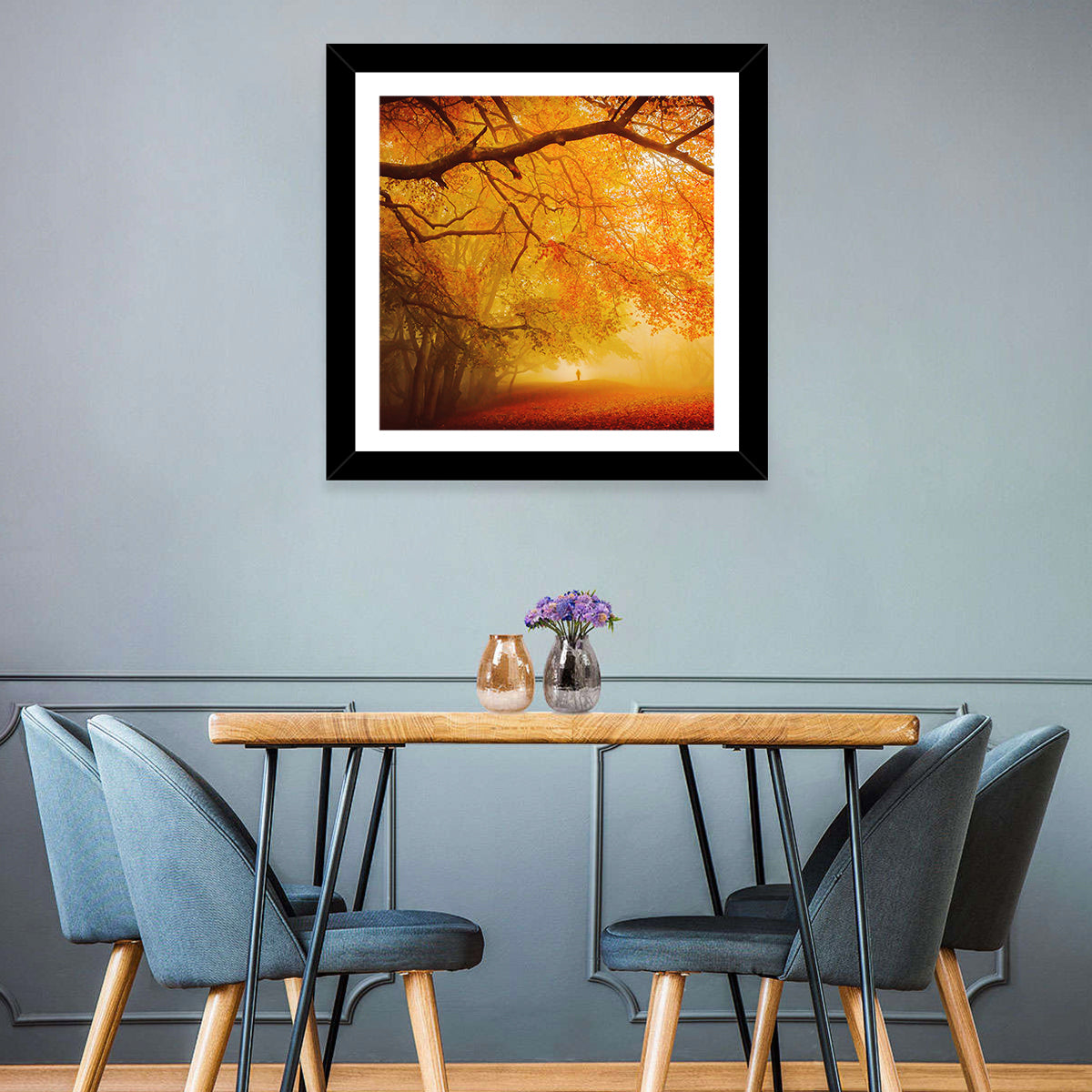 Autumn Forest Path with Lone Figure Wall Art in a room, square