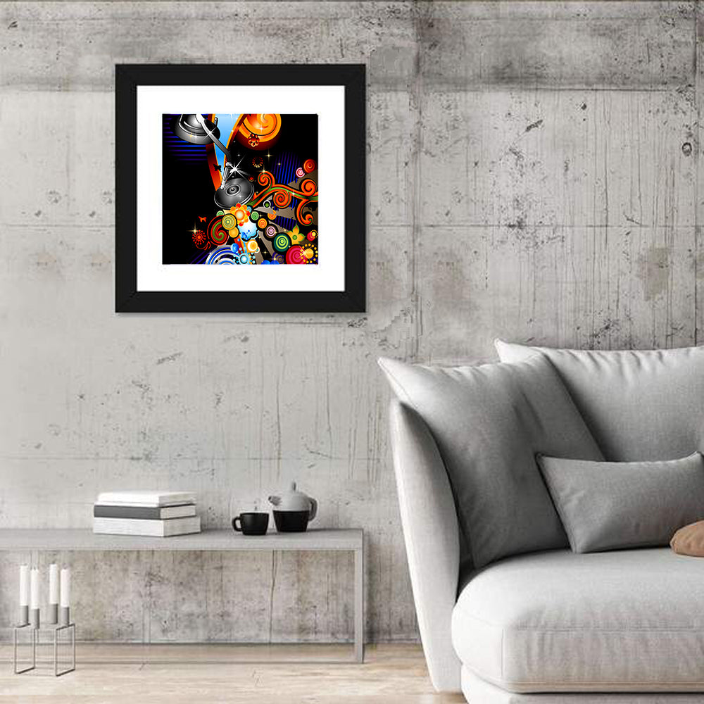 Psychedelic Turntable Illustration Wall Art in a room, square