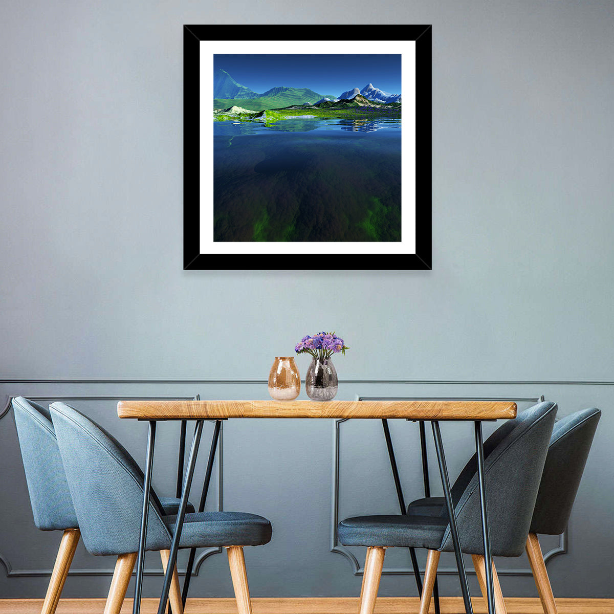 Mountain Lake Split View Wall Art in a room, square