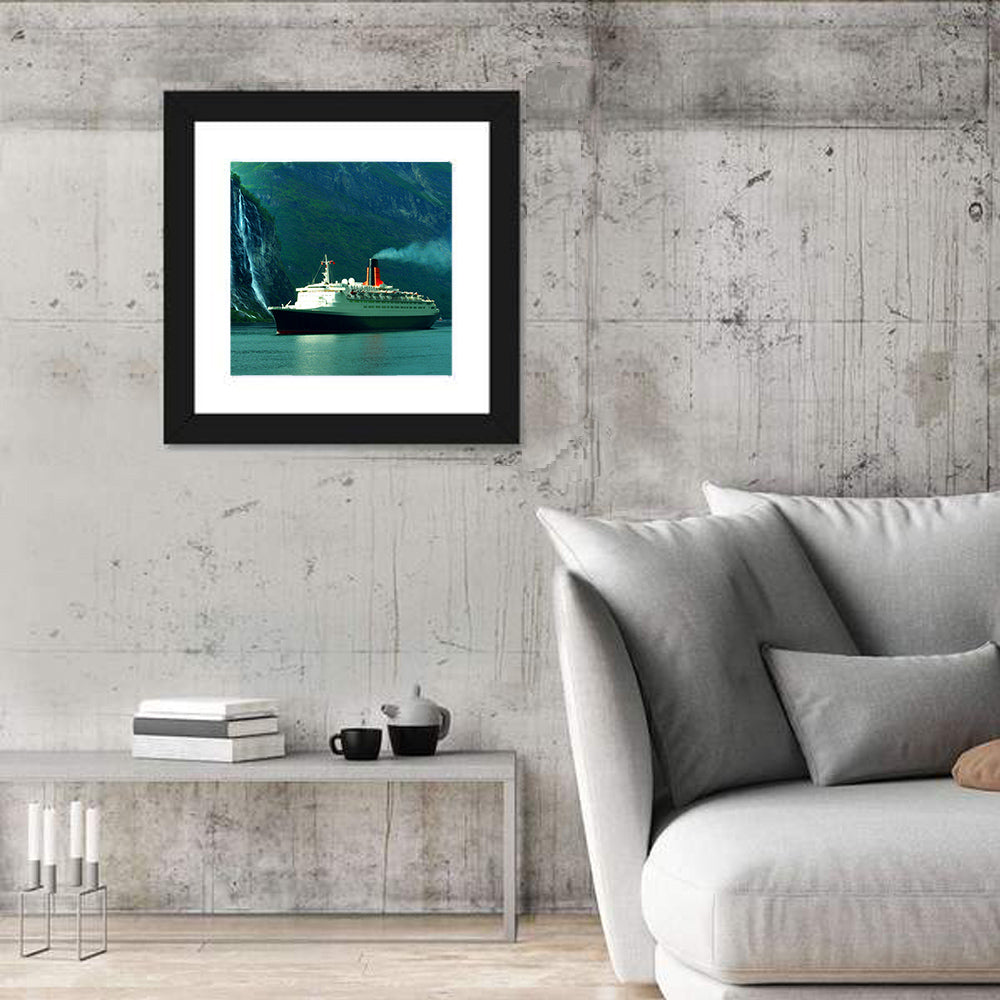 Cruise Ship at Geiranger Fjord Wall Art in a room, square