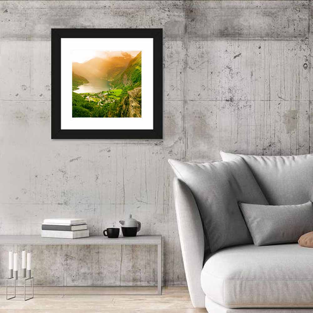 Geirangerfjord Golden Hour Wall Art in a room, square