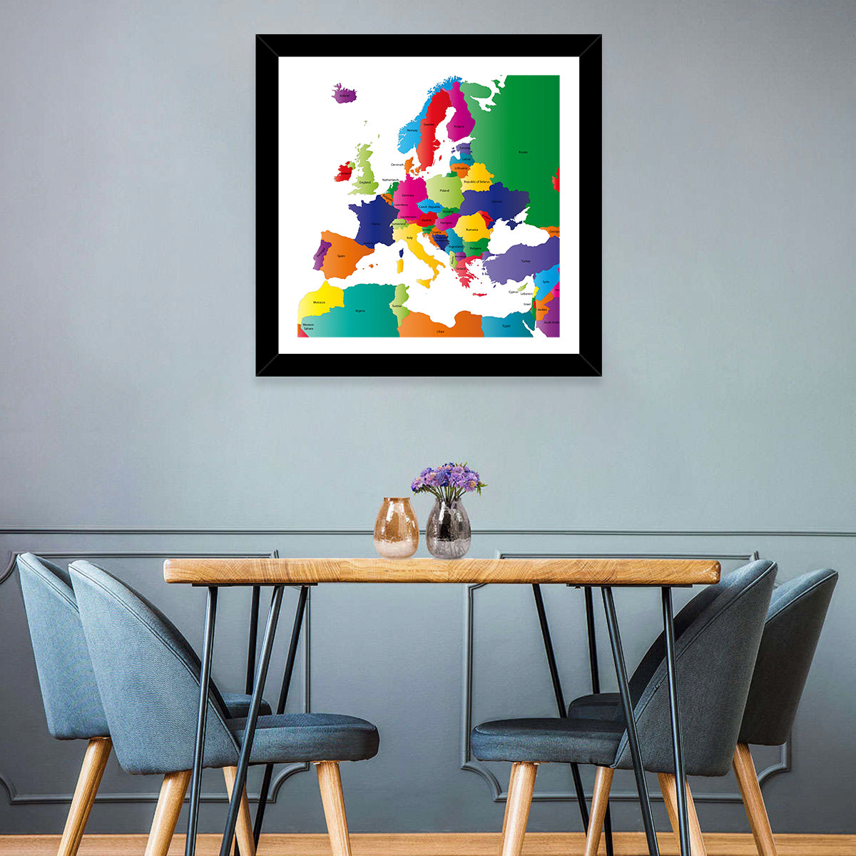 Modern Coloured Map of Europe Wall Art in a room, square