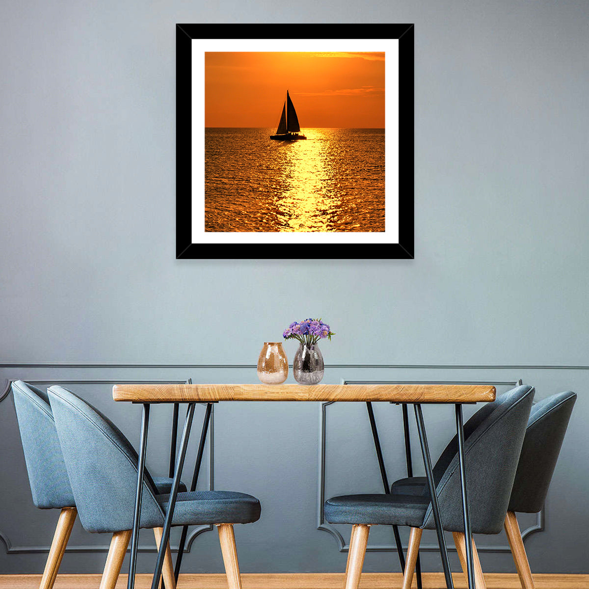 Sailboat Silhouette at Golden Sunset Wall Art in a room, square