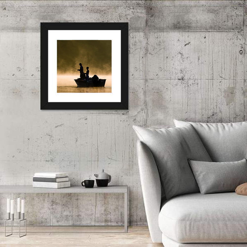Misty Lake Fishing Wall Art in a room, square