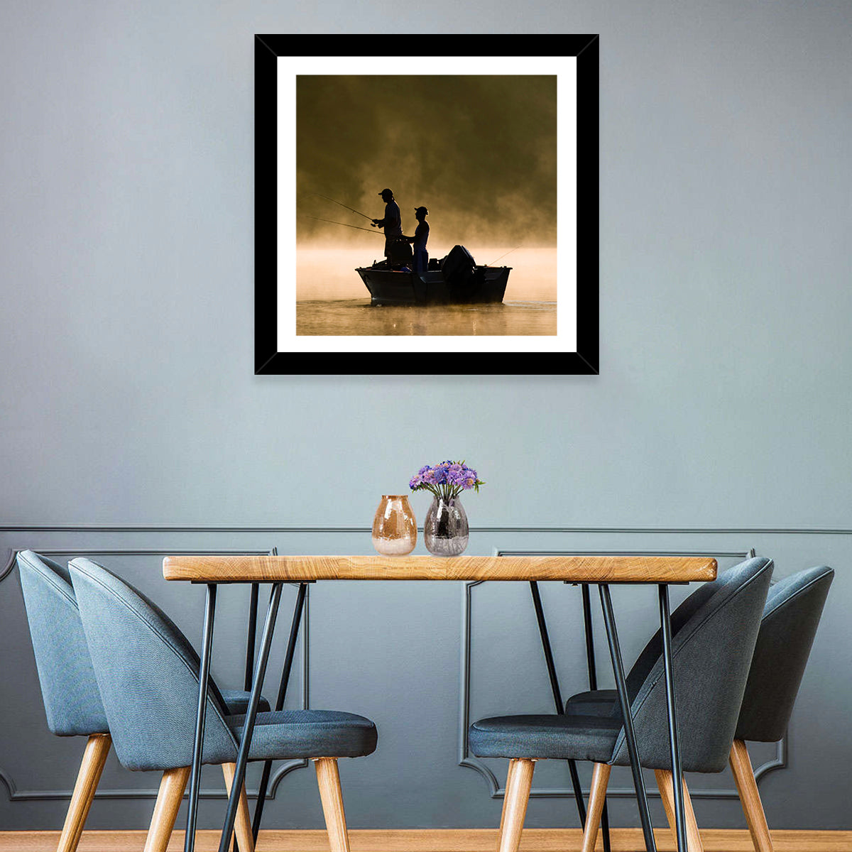 Misty Lake Fishing Wall Art in a room, square