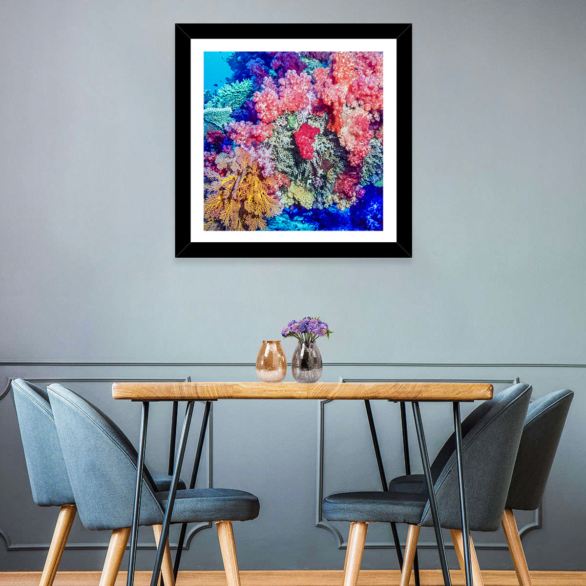 Vibrant Coral Reef Wall Art in a room, square