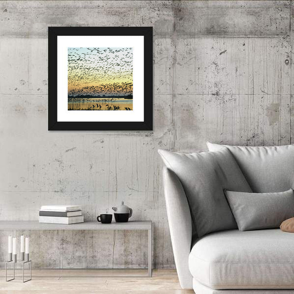 Snow Geese Over River Wall Art in a room, square