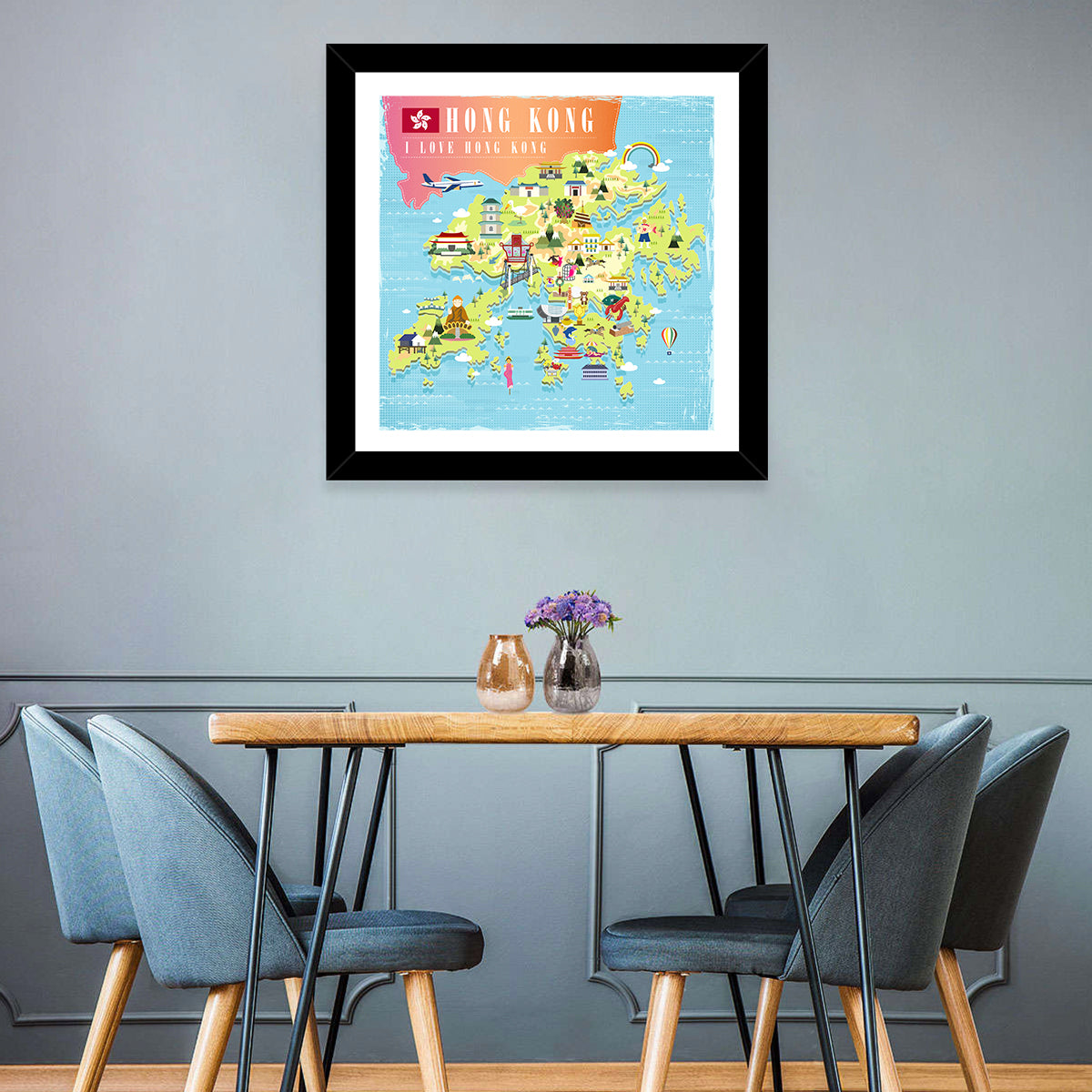 I Love Hong Kong Illustrated Cultural Map Wall Art in a room, square