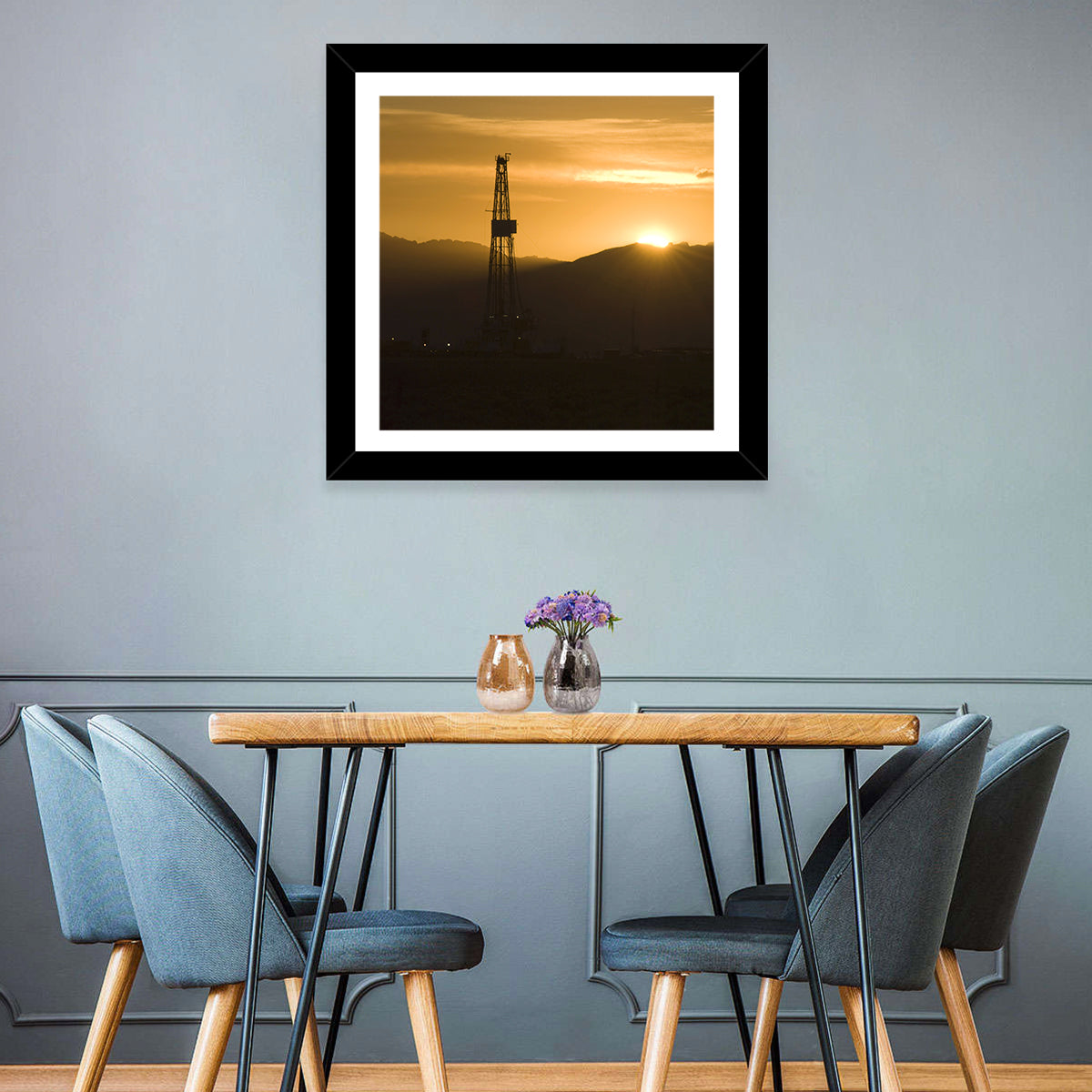 Sunrise Over Drilling Rig Wall Art in a room, square