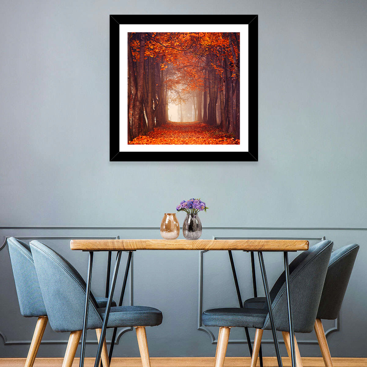 Misty Autumn Forest Path Wall Art in a room, square