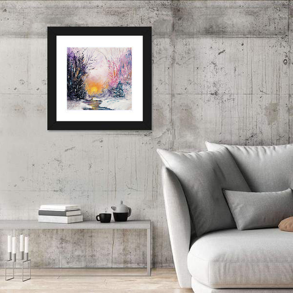 Golden Sunset Winter Stream Wall Art in a room, square