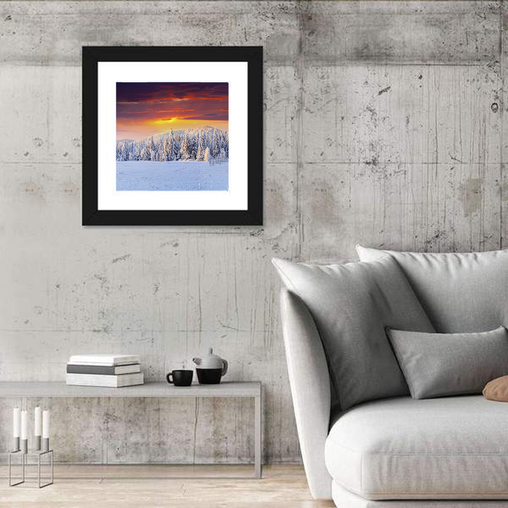 Snowy Forest Sunset Wall Art in a room, square