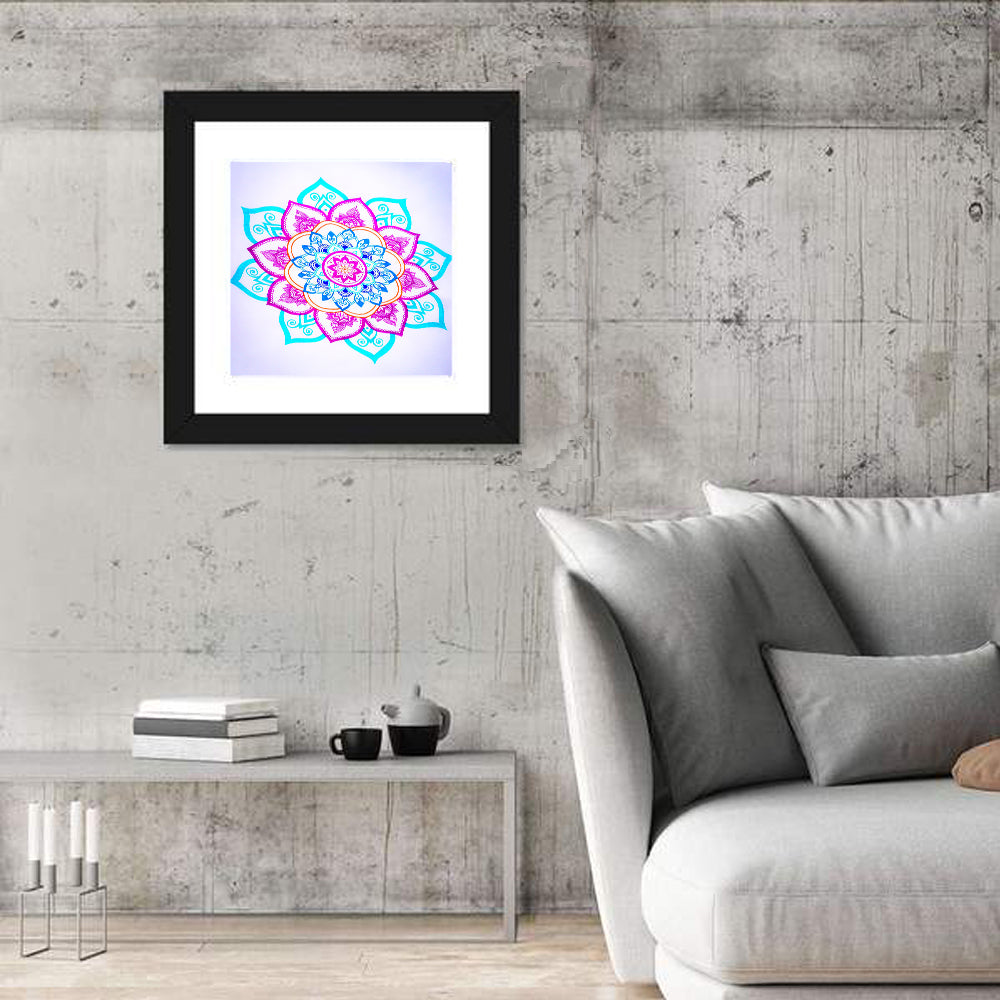 Vibrant Hand-drawn Mandala Flower Pattern Wall Art in a room, square