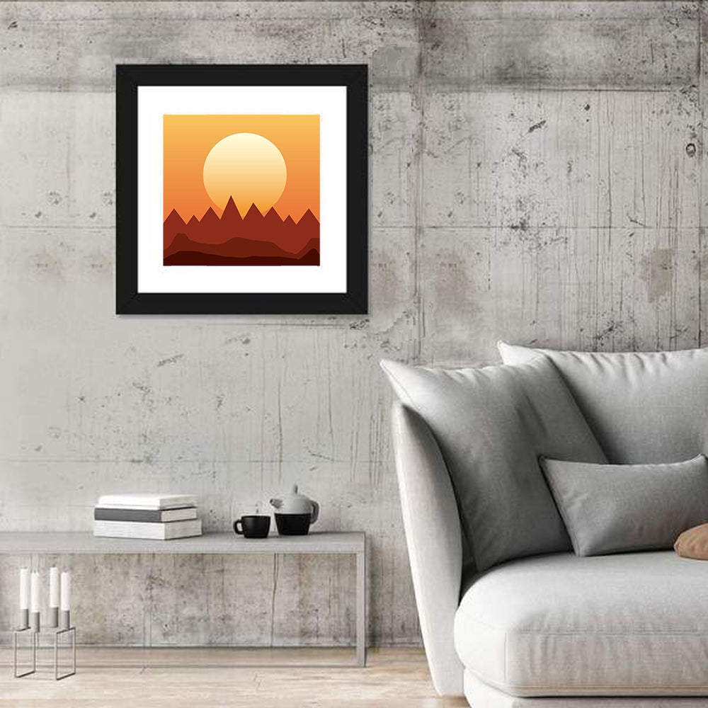 Geometric Mountain Sunset Wall Art in a room, square