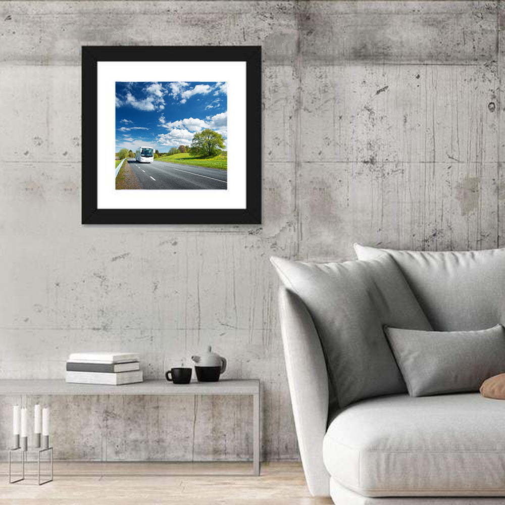 White Bus on Meadow Road Wall Art in a room, square