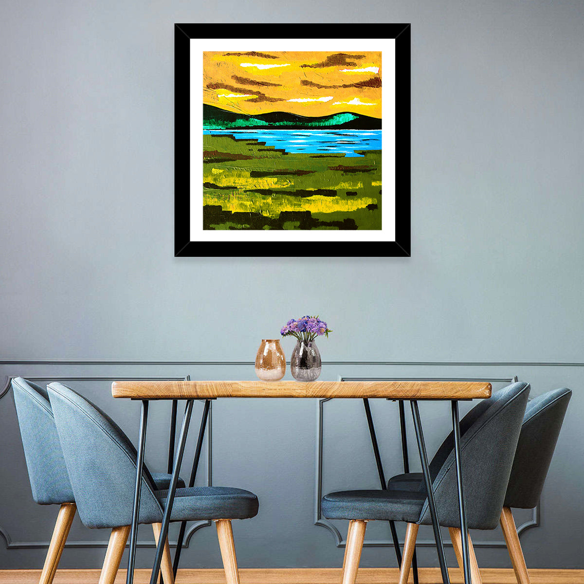 Golden Hour Mountain Lake Abstract Wall Art in a room, square