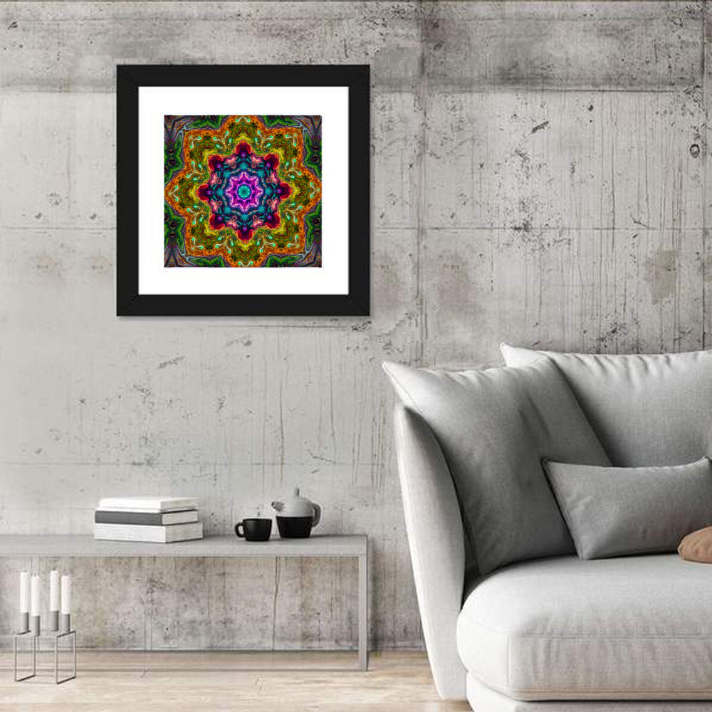 Vibrant Kaleidoscopic Mandala Ornament Wall Art in a room, square